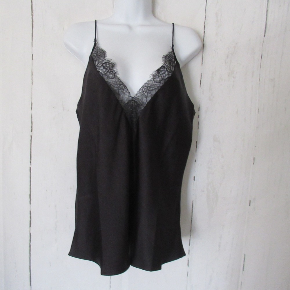 Anine Bing Mael Top M Black 100% Silk Cami Tank Lace Minimalist Capsule